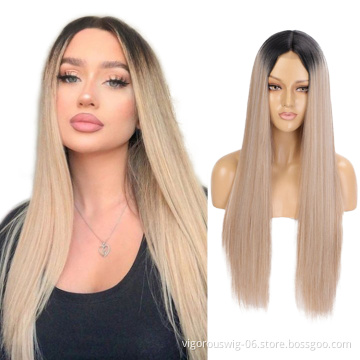 Drop Shipping Heat Resistant Ombre Blonde Full Lace Half Wig Colored Straight Front Long Hair Synthetic Wigs Women